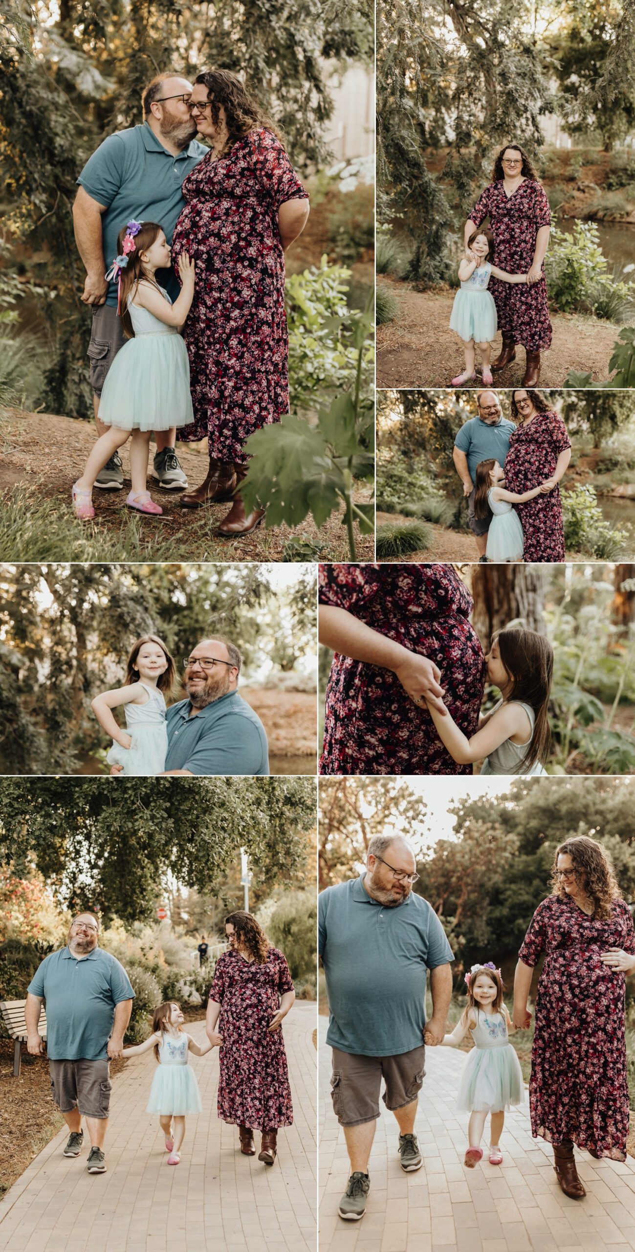 A family with a pregnant mom cuddles together in a redwood grove at UC Davis. 