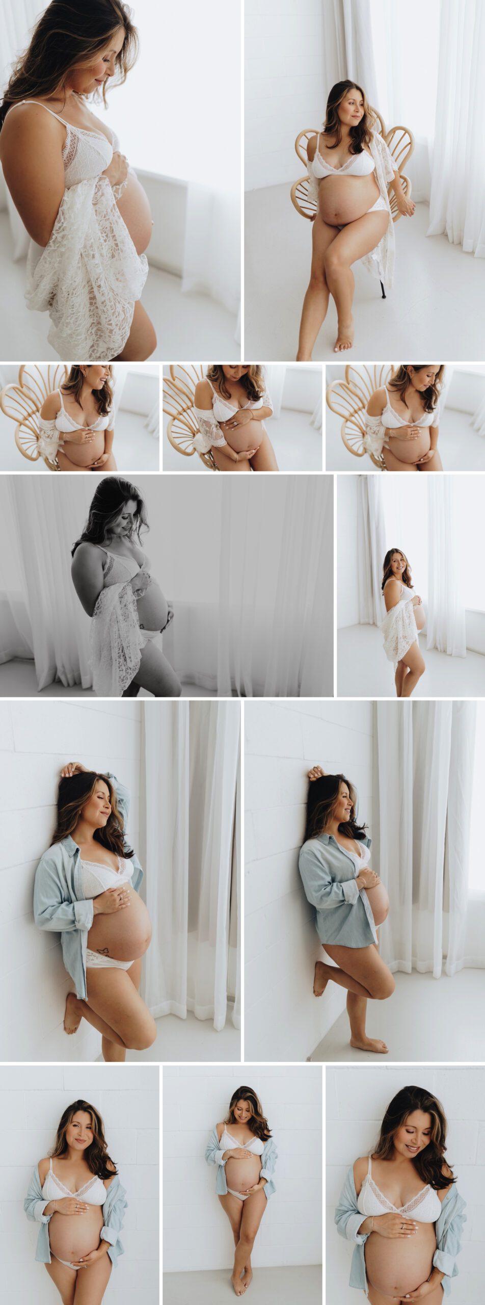 Beautiful pregnant mom shows off her baby bump in her third trimester during a photoshoot