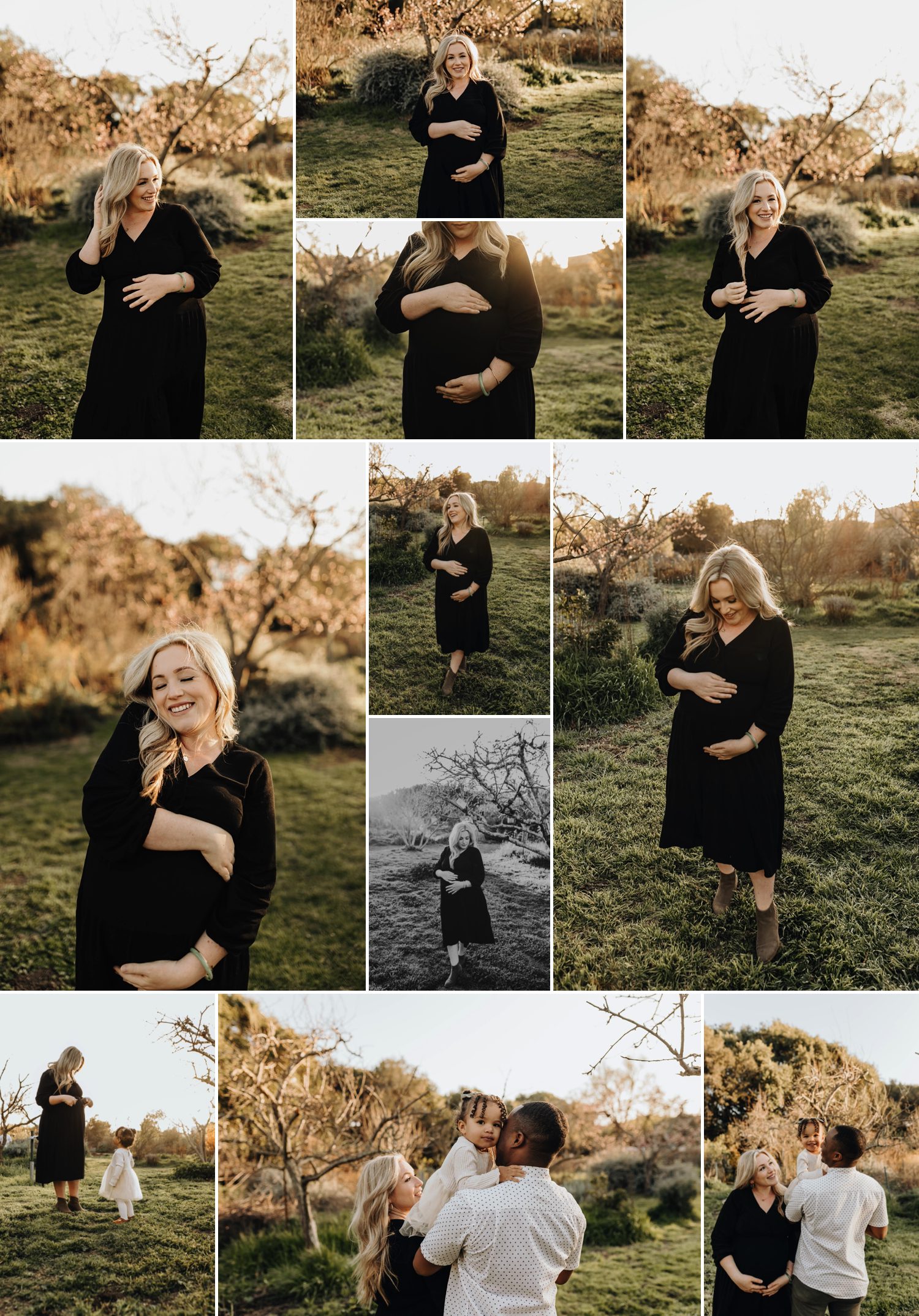 During a pregnancy photoshoot a mom in her third trimester smiles holding her belly at Crow Canyon Gardens. 